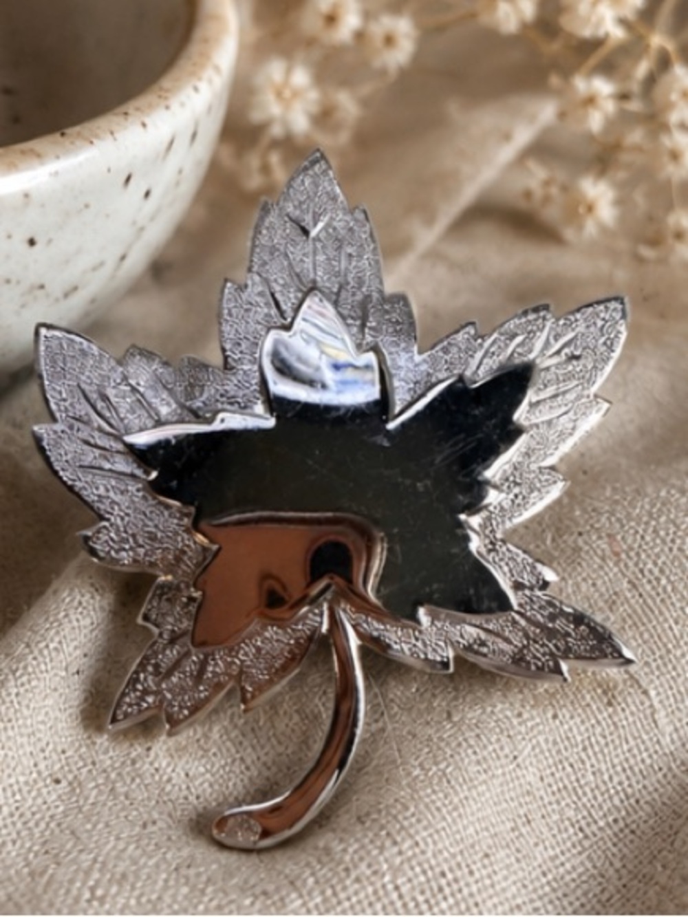 Vintage Monet Silver Tone Maple Leaf Brooch Signed Textured Fall Autumn Pin